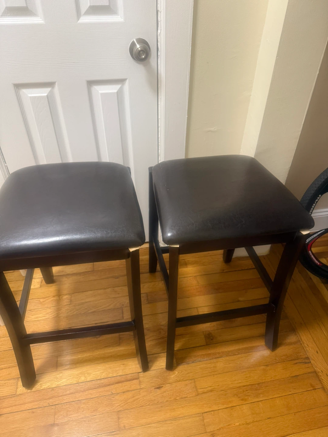 Set of 2 Dark Brown Counter Stools with Black Cushions