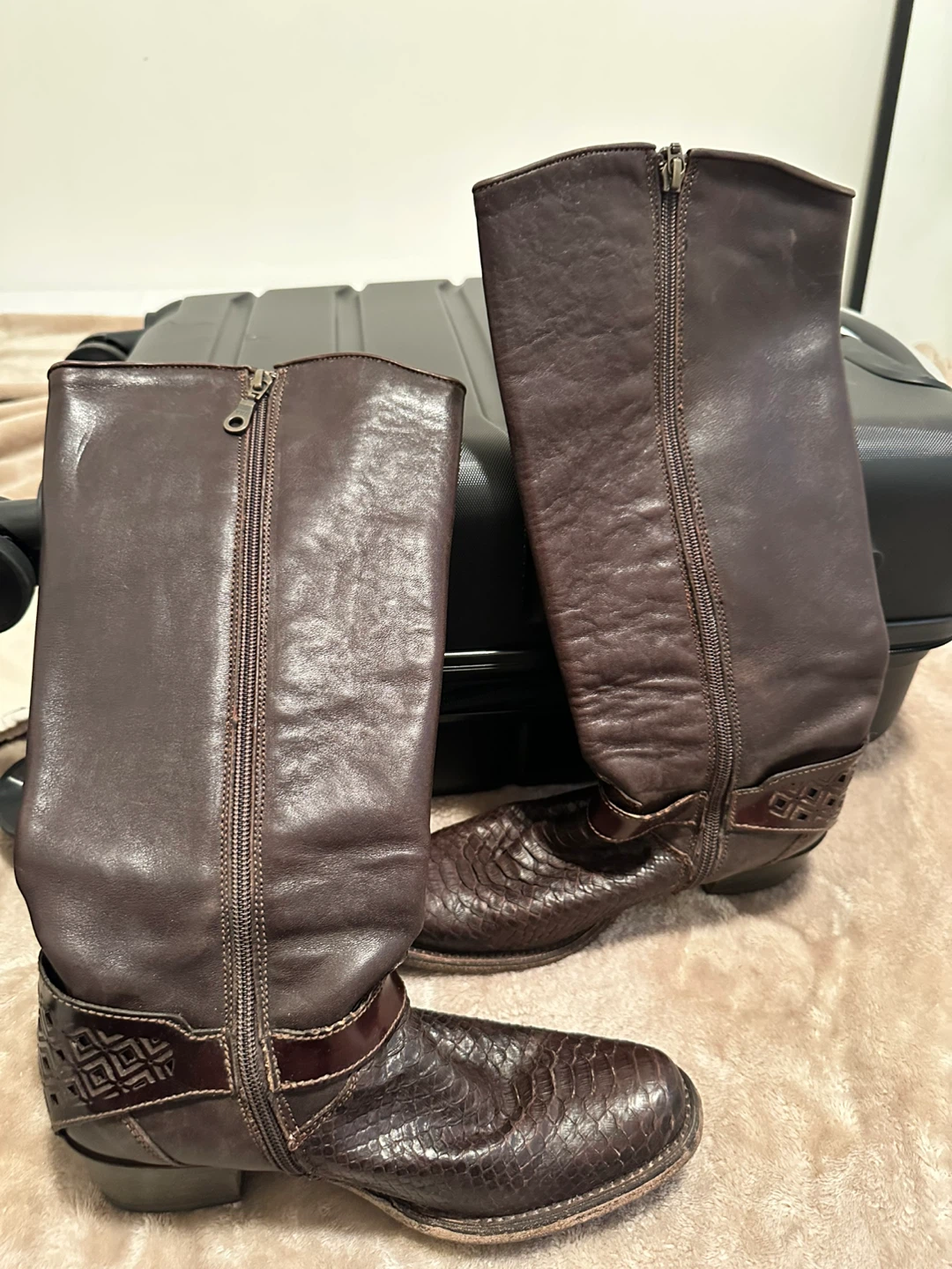 Brown Leather Snake Print Boots with Decorative Belt Buckle - photo 2