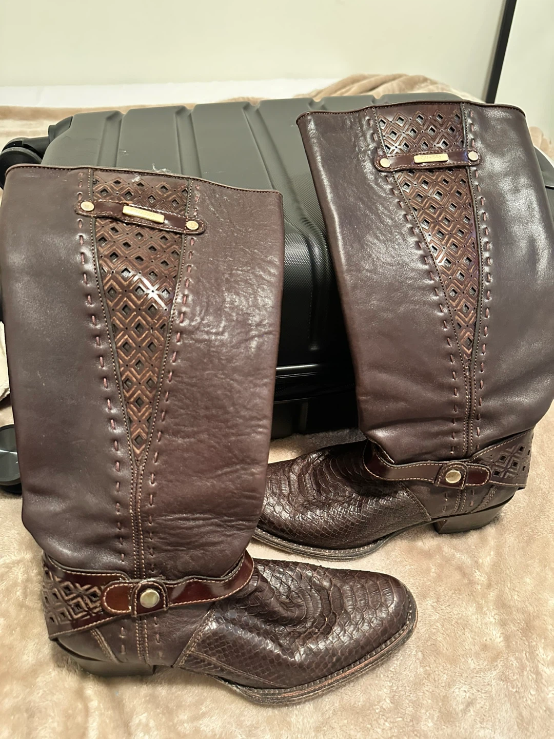 Brown Leather Snake Print Boots with Decorative Belt Buckle - photo 3