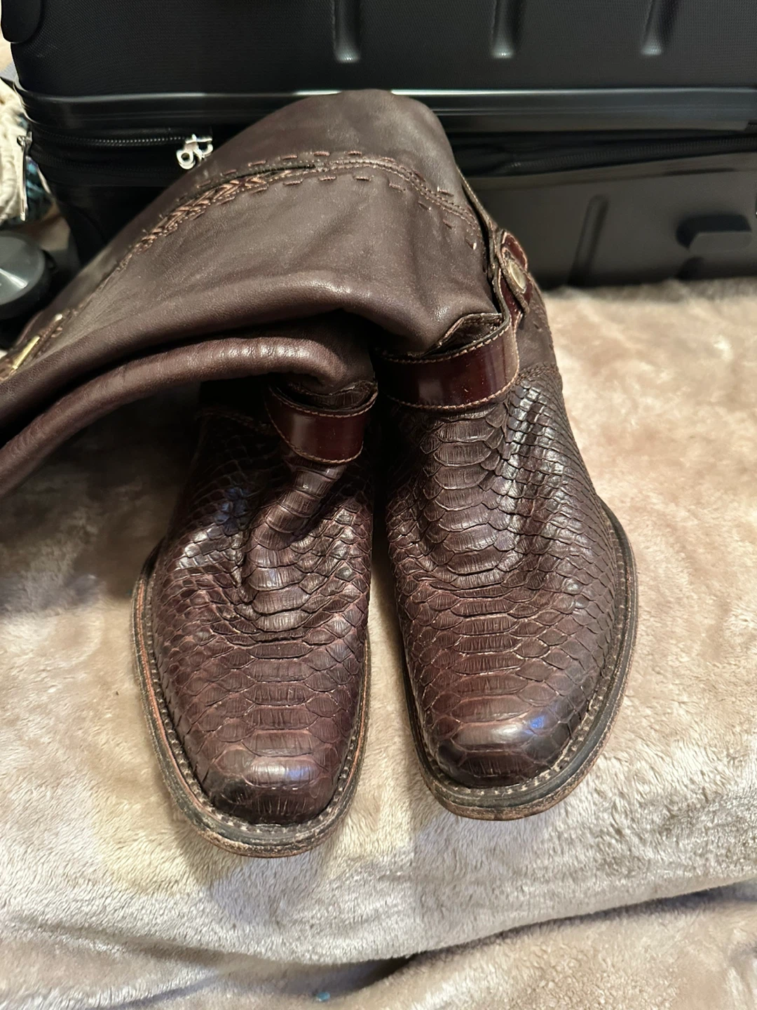 Brown Leather Snake Print Boots with Decorative Belt Buckle