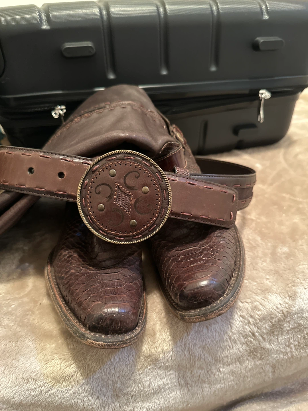 Brown Leather Snake Print Boots with Decorative Belt Buckle - photo 4