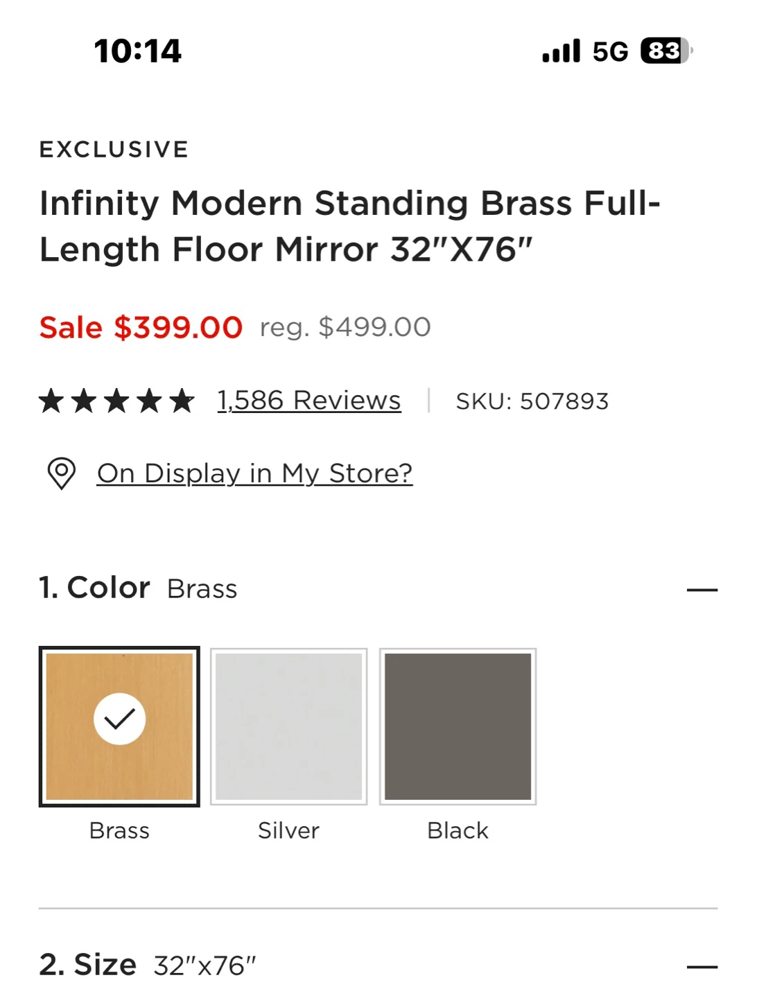 CB2 Infinity Modern Standing Brass Floor Mirror 32"X76" - photo 5