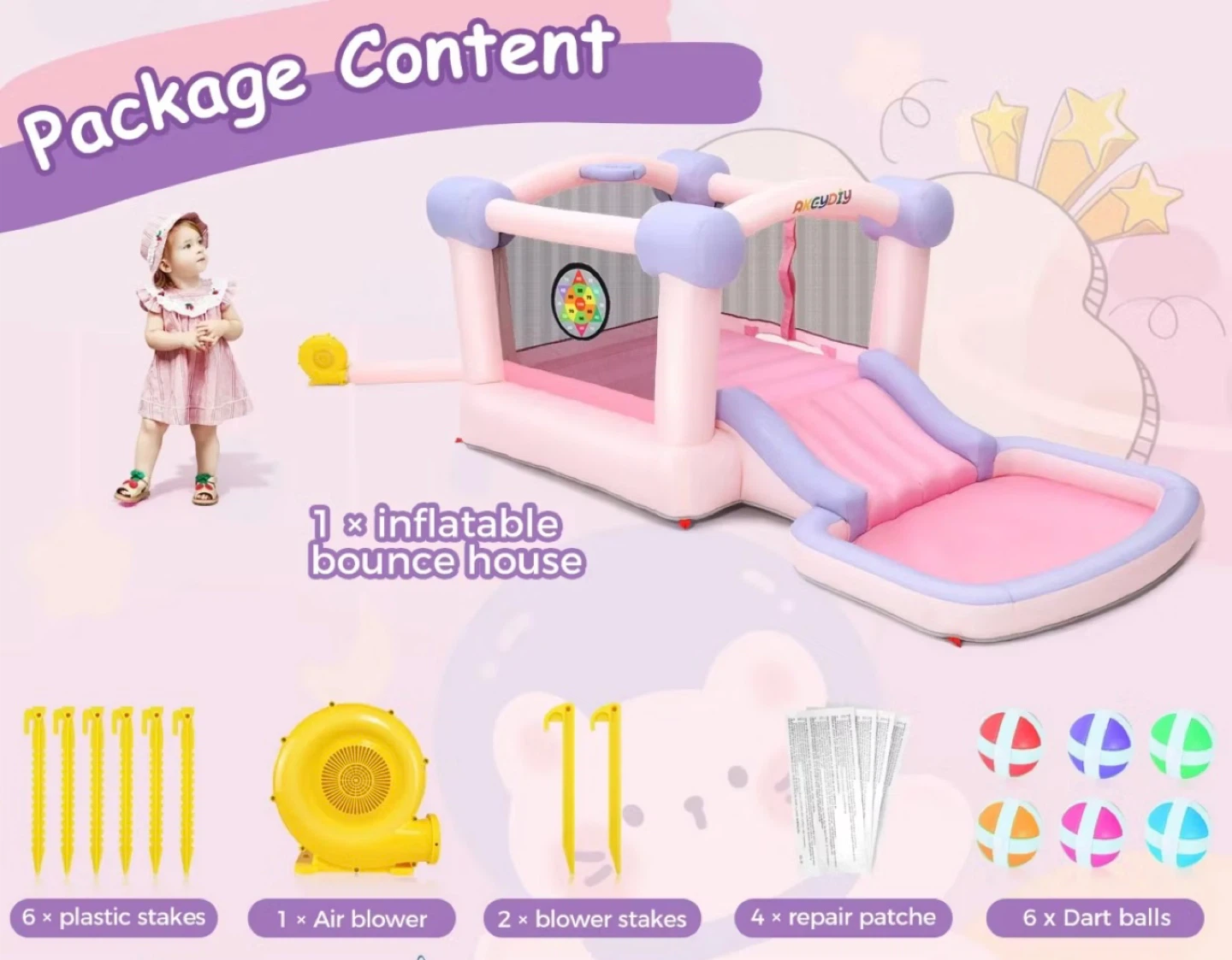 Pink and Purple Inflatable Bounce House with Slide and Ball Pit