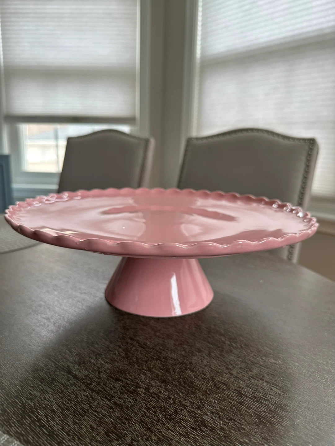 Pink Ceramic Cake Stand with Scalloped Edge