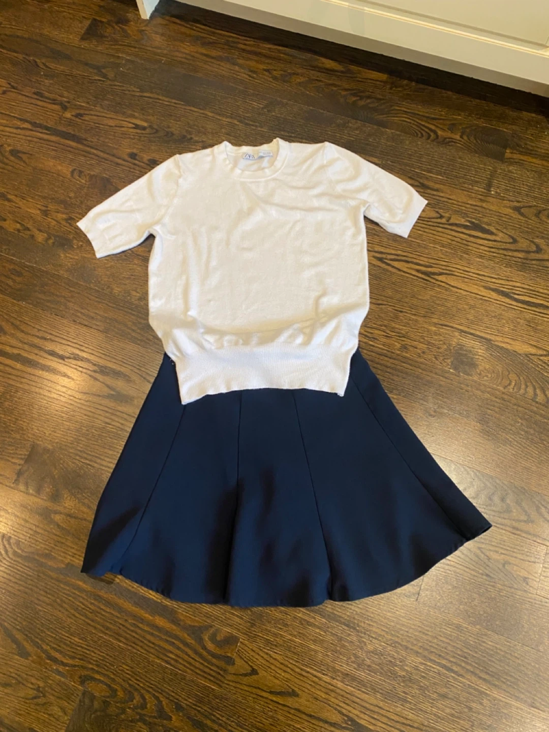 ZARA White Short Sleeve Sweater and Navy Skirt Set