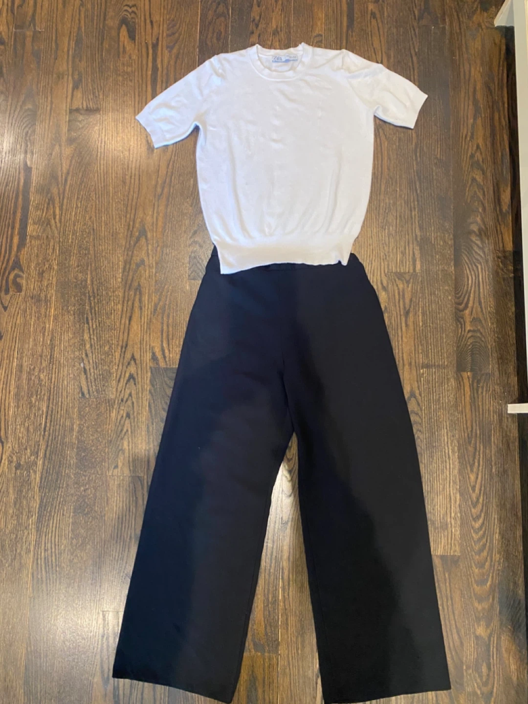 ZARA White Knit Top and Black Wide Leg Pants Set
