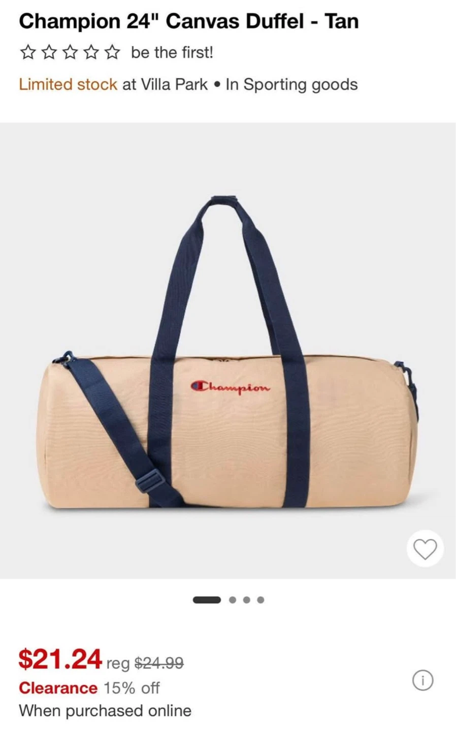 Champion 24" Canvas Duffel Bag - Tan