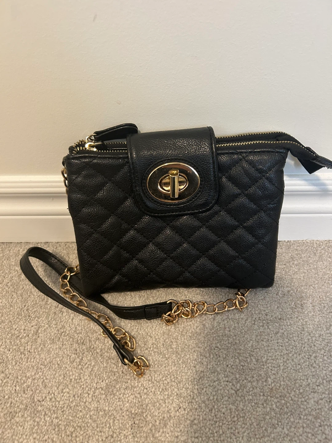Black Quilted Crossbody Bag with Gold Chain
