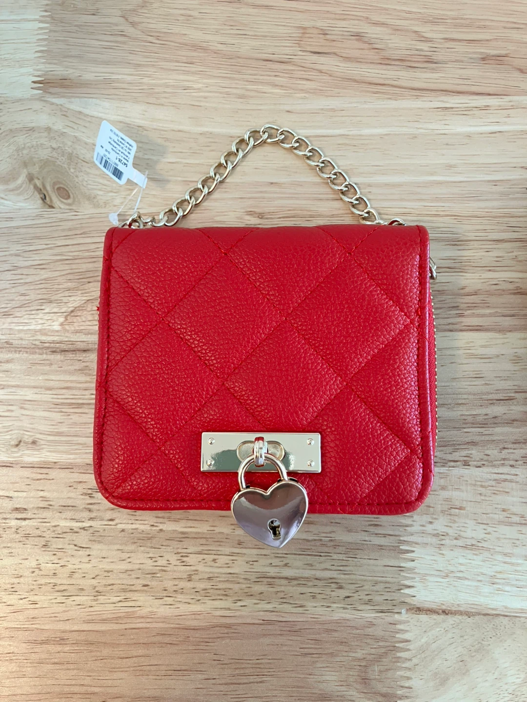 Red Quilted Wallet with Heart Lock and Chain