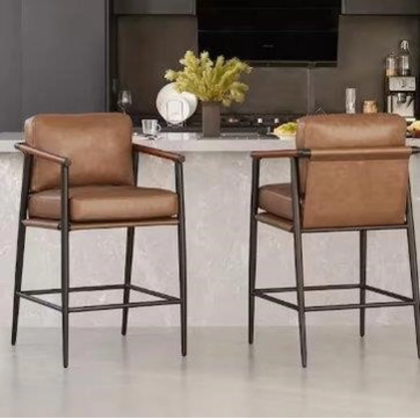 Pair of Brown Faux Leather Bar Stools set of 2