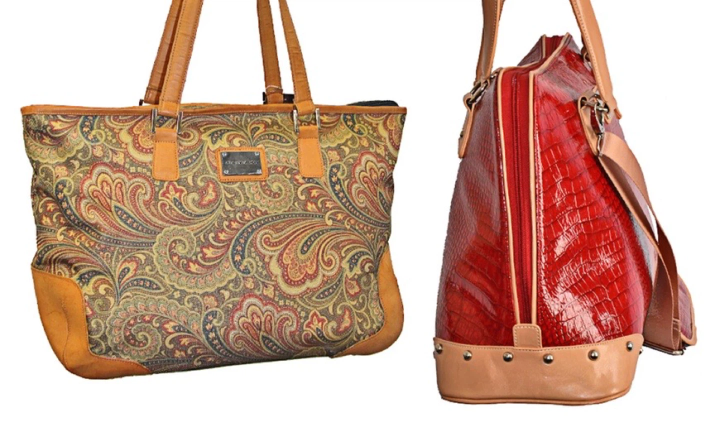 Sac à main motif cachemire et sac fourre-tout rouge verni