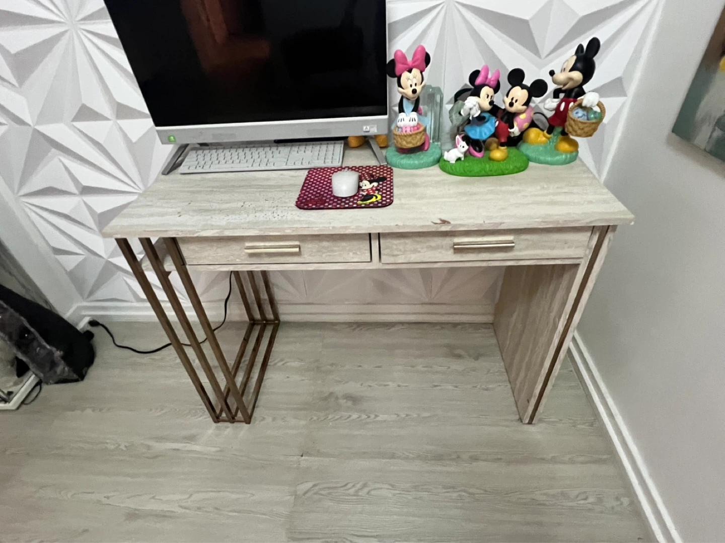 Modern Desk with Two Drawers - Light Wood and Metal Frame