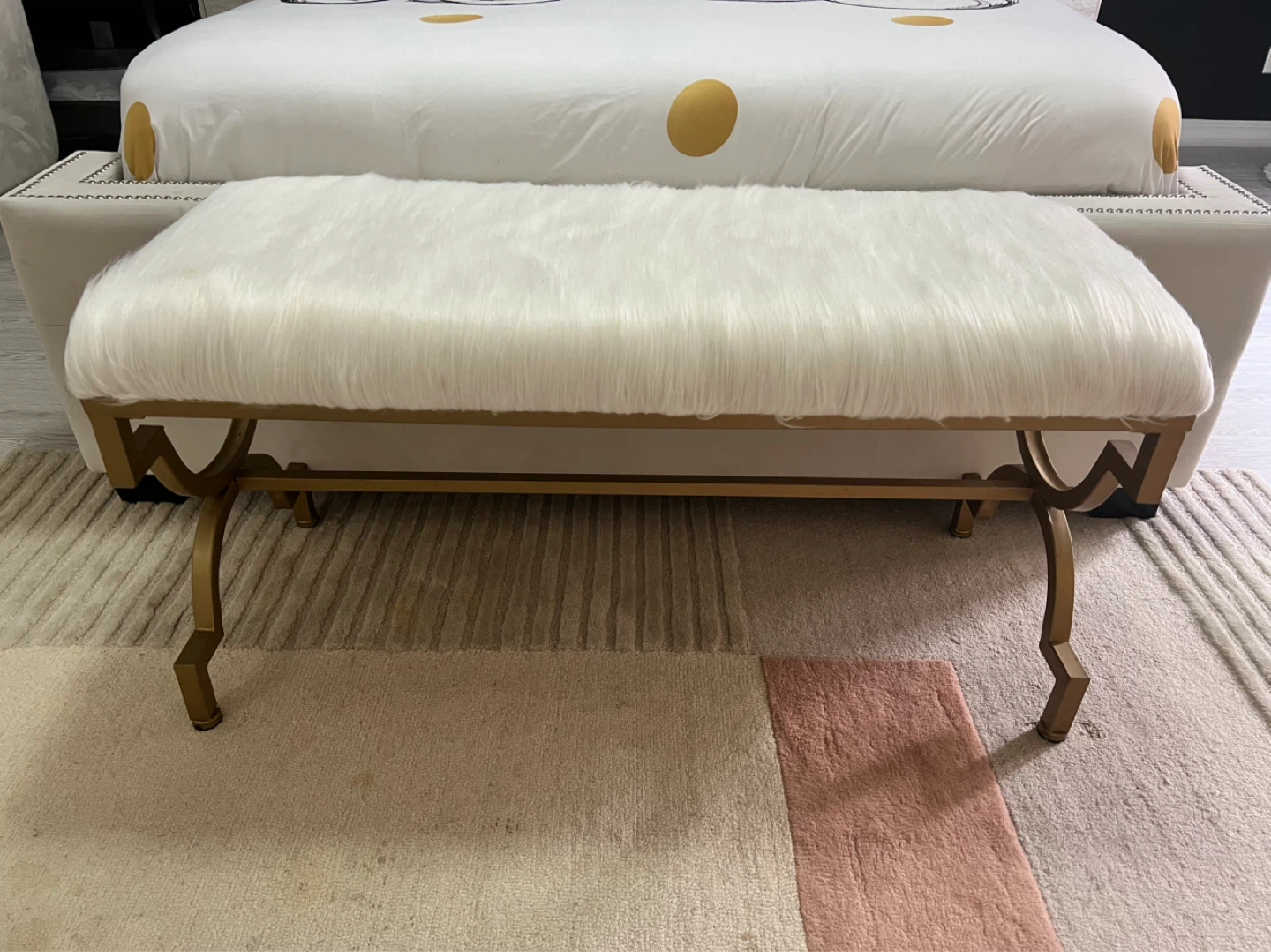 Faux Fur Bench with Gold Metal Frame
