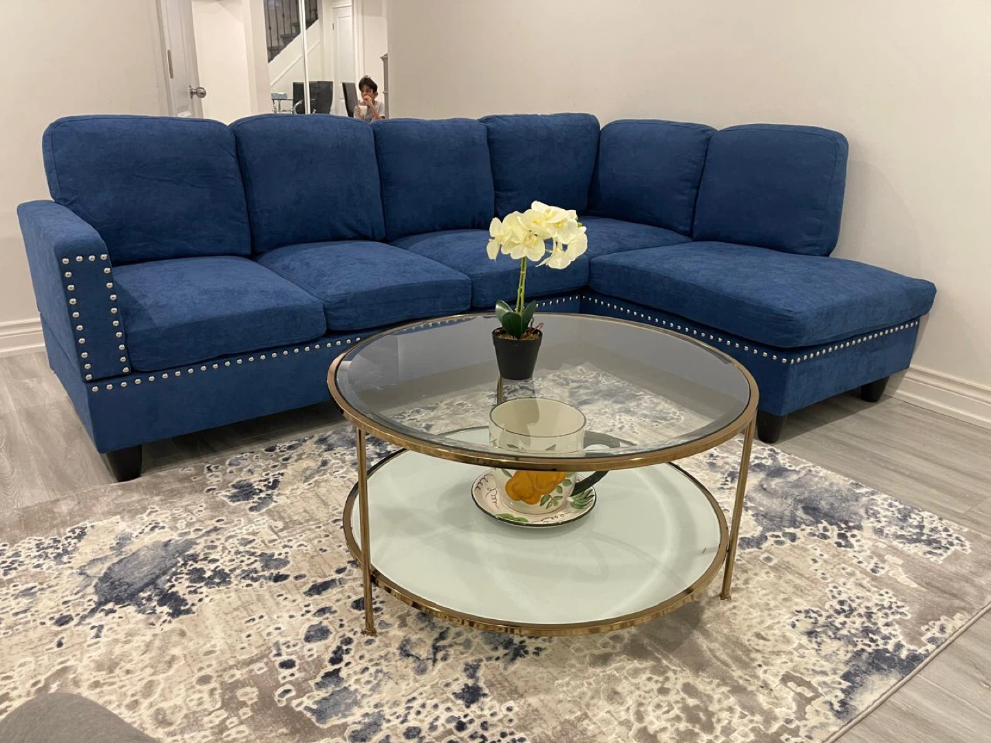 Blue Sectional Sofa with Studded Accents