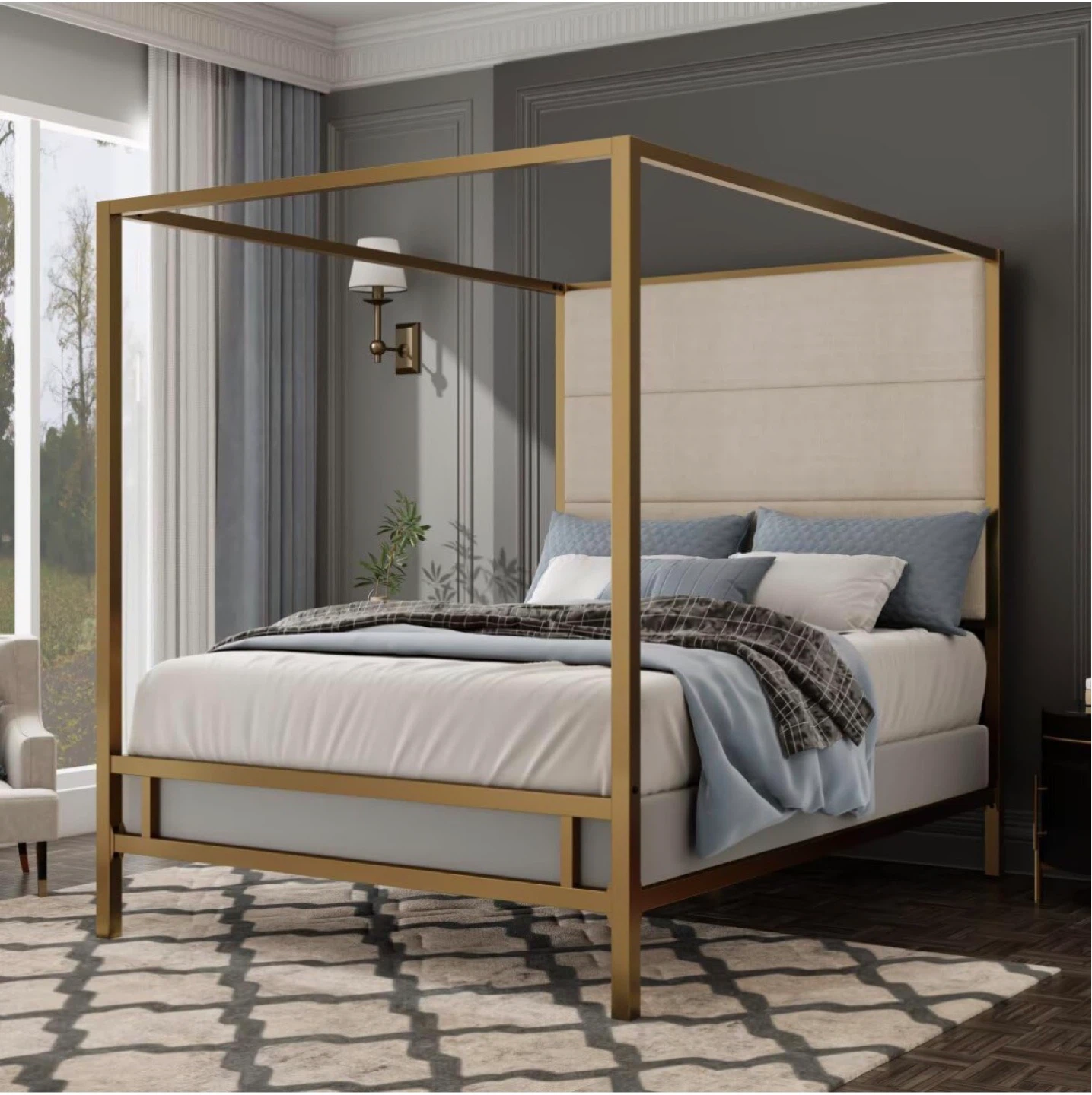 Queen Size Metal Gold Canopy Headboard Bed Frame