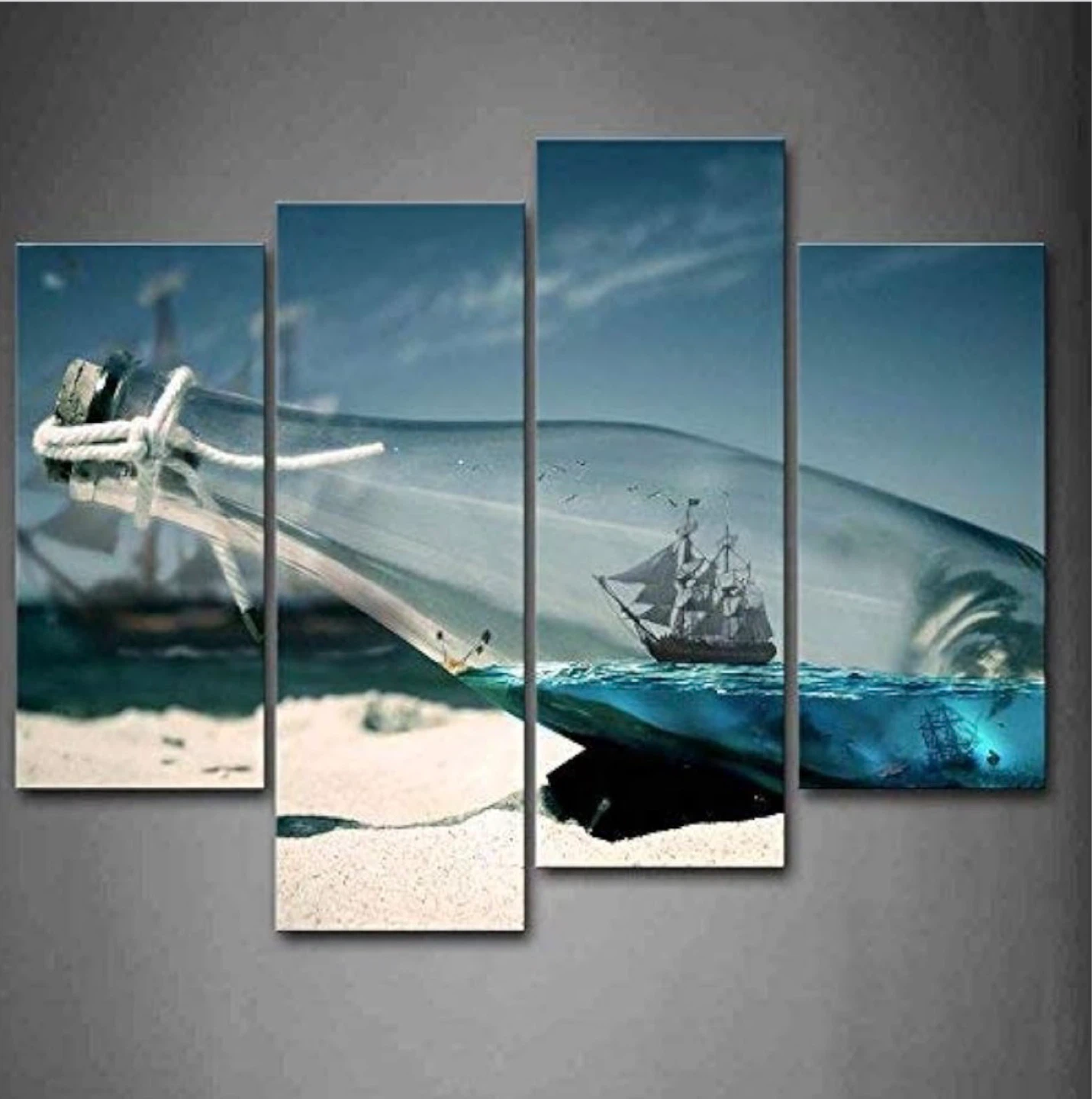 4 Panel Wall Art Drifting Bottle On The Beach Nautical - photo 2