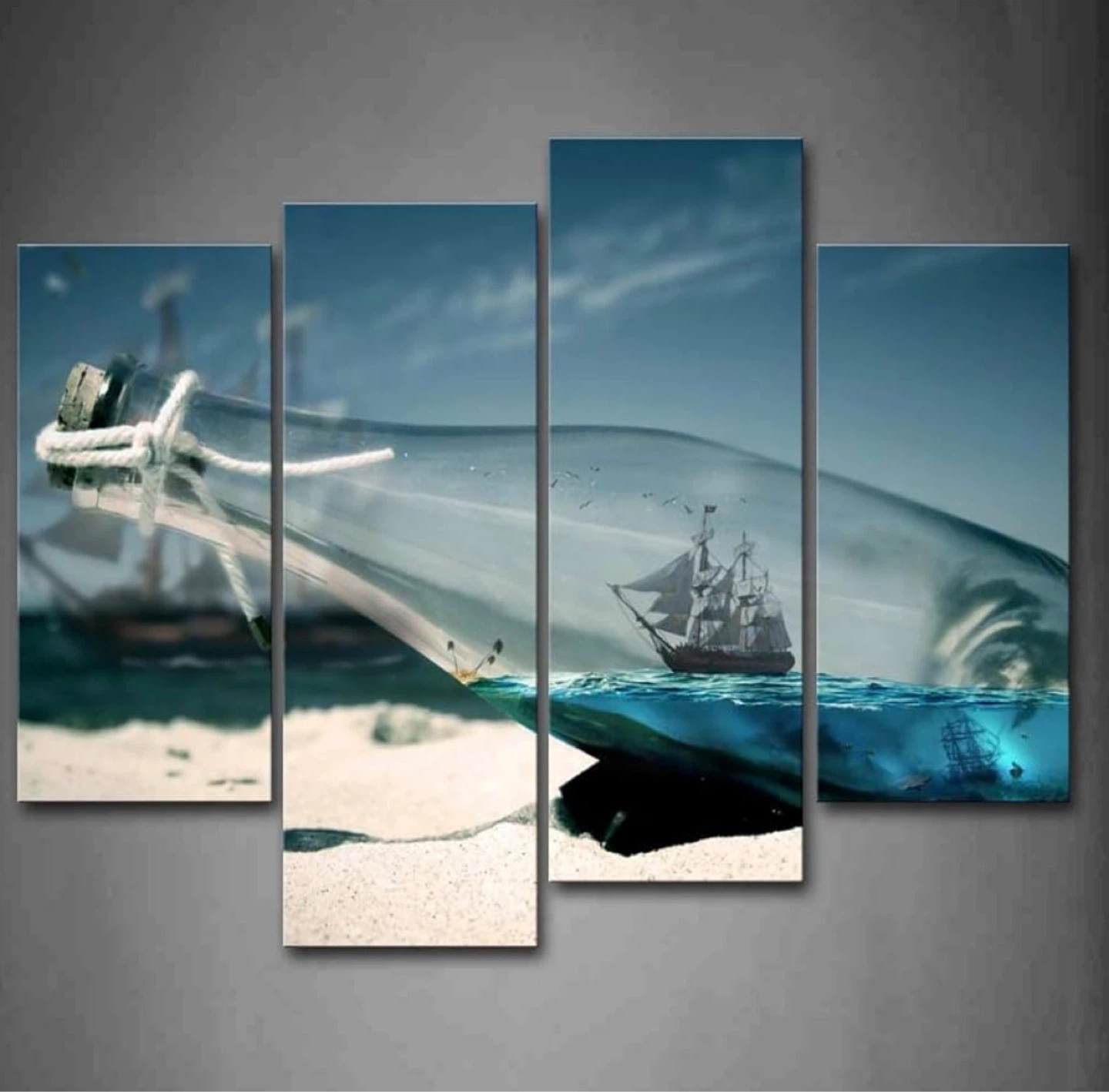 4 Panel Wall Art Drifting Bottle On The Beach Nautical