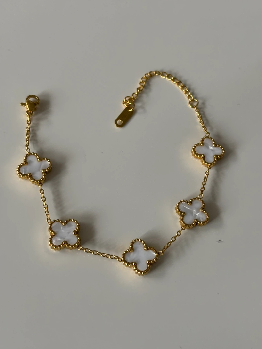 Gold plated Tone Clover Bracelet with White Inlay