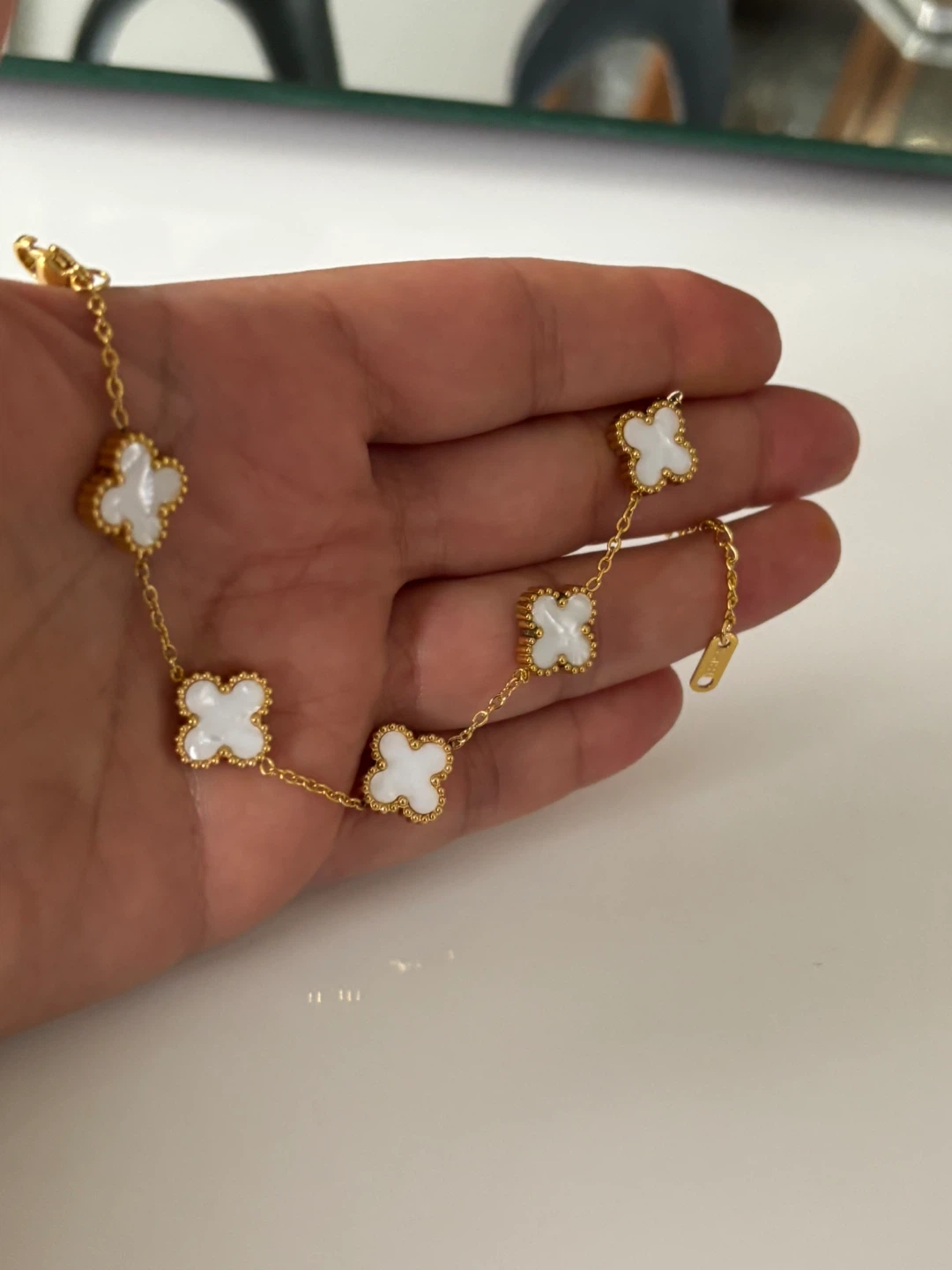Gold plated Tone Clover Bracelet with White Inlay - photo 2