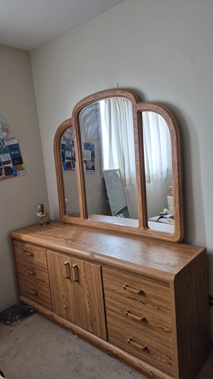 Vintage Oak Dresser with Tri-Fold Mirror and Headboard Set - photo 3