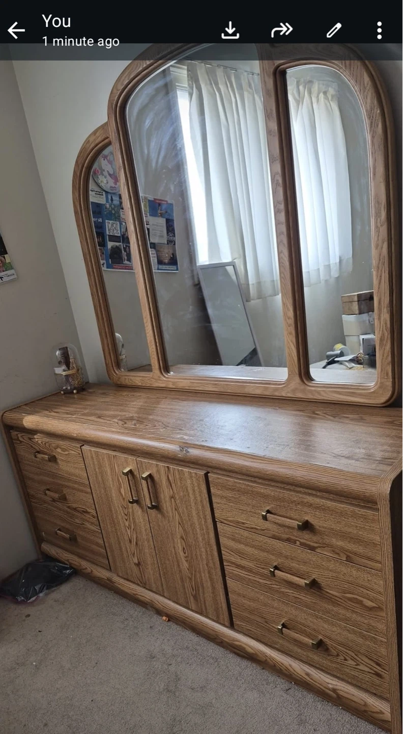 Vintage Oak Dresser with Tri-Fold Mirror and Headboard Set - photo 2