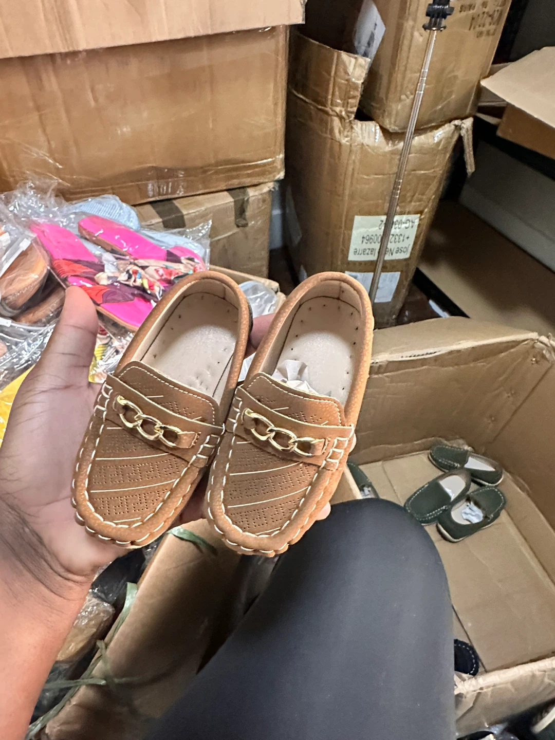 Brown Loafer Shoes with Gold Chain Accent
