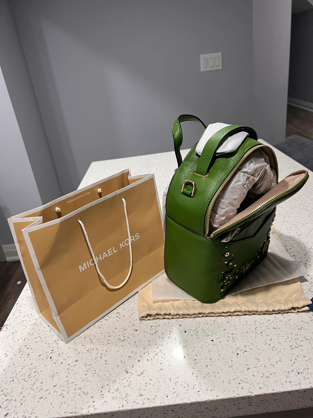 Michael Kors Green Leather Backpack with Flower Embellishments - photo 2