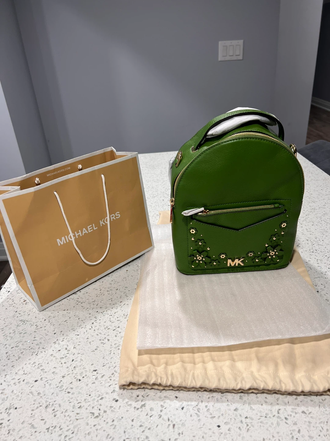 Michael Kors Green Leather Backpack with Flower Embellishments