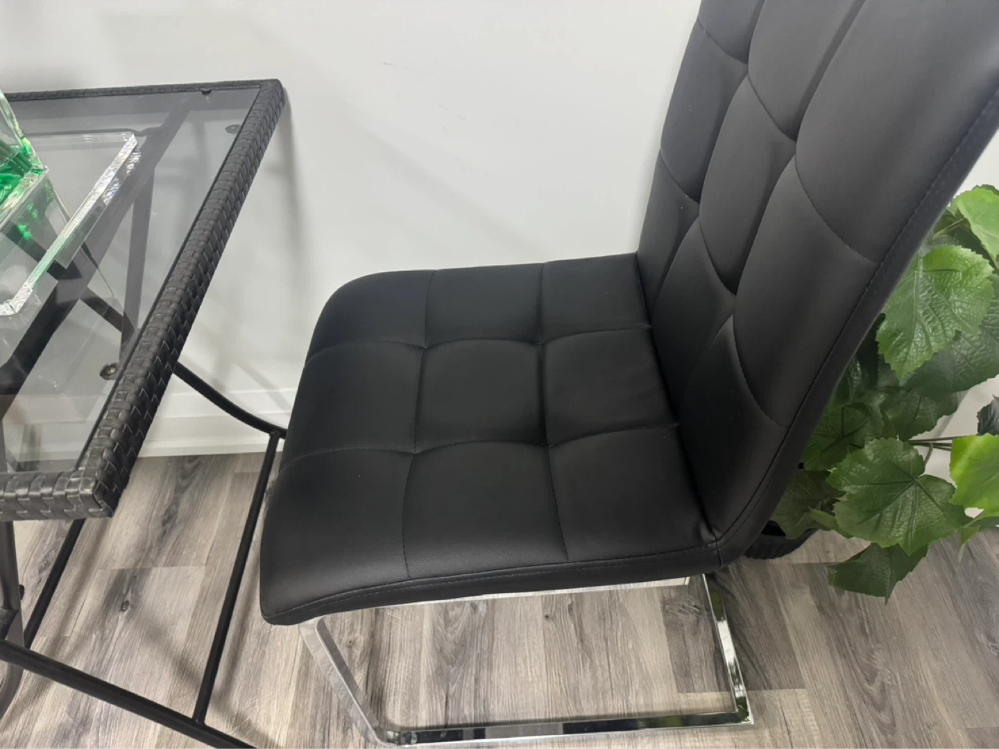 Black Faux Leather Dining Chair and folder table glass top table - photo 2
