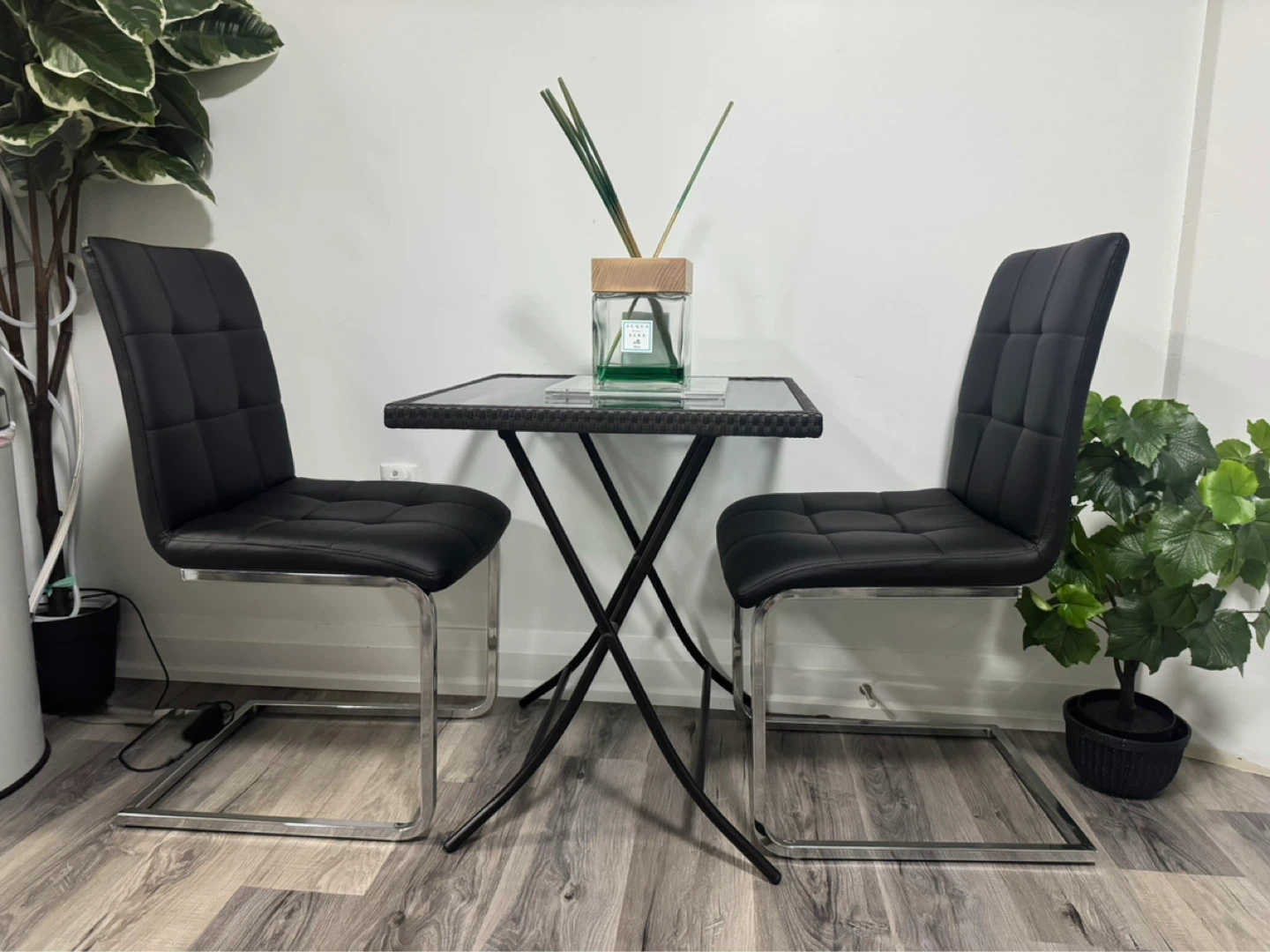 Black Faux Leather Dining Chair and folder table glass top table