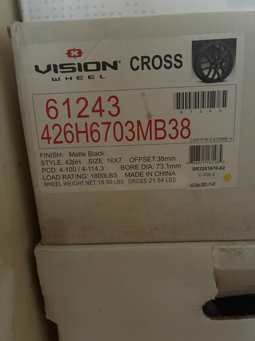 Set Of 4 Vision 426 Cross 16x7 Matte Black Wheel - photo 2