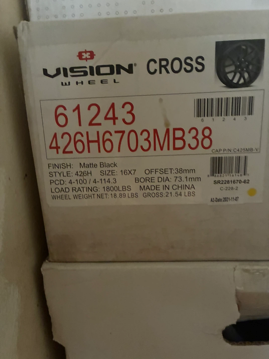 Set Of 4 Vision 426 Cross 16x7 Matte Black Wheel