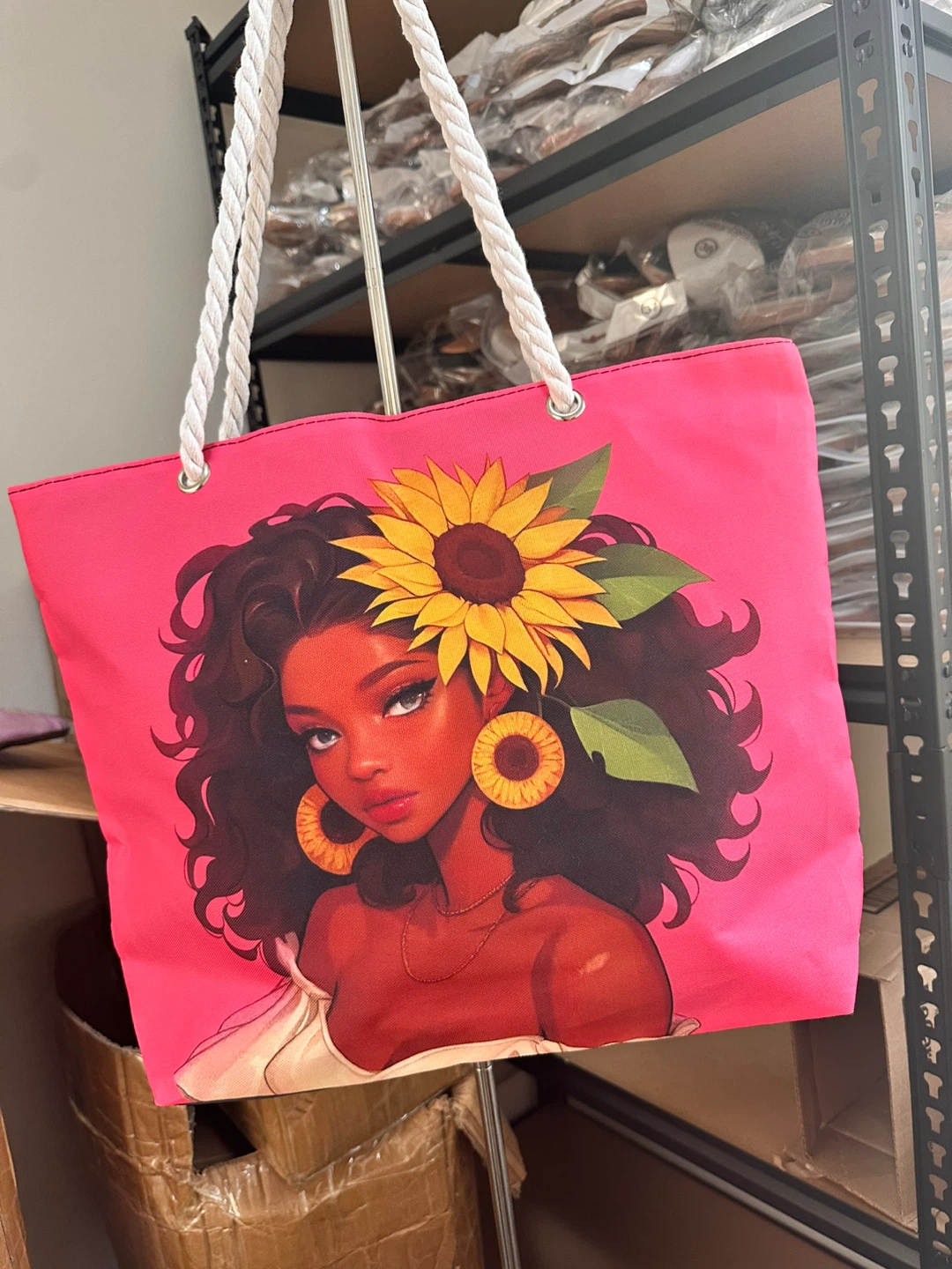 Pink Tote Bag with "Girl with Sunflower" Design