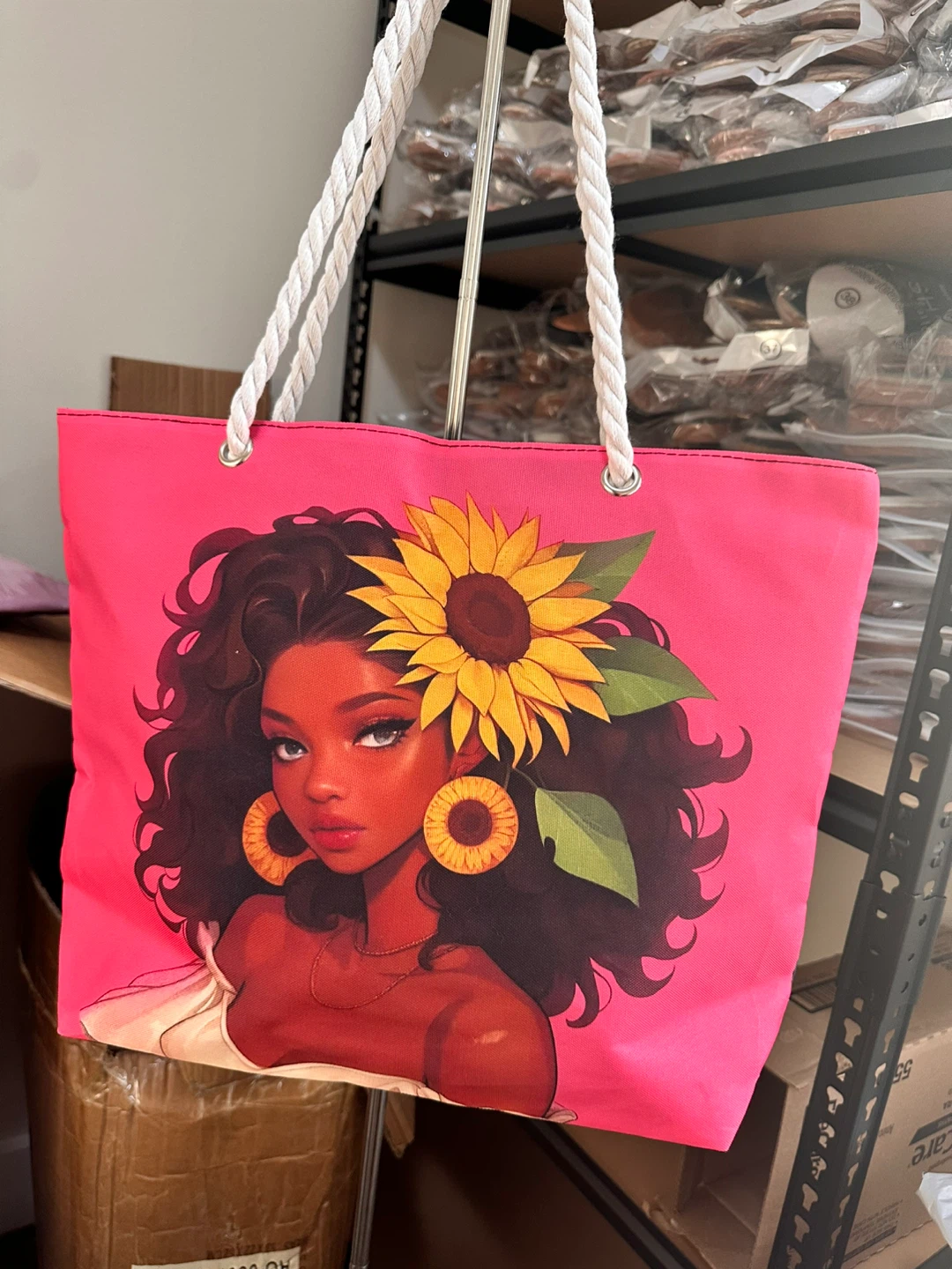 Pink Tote Bag with "Girl with Sunflower" Design - photo 2