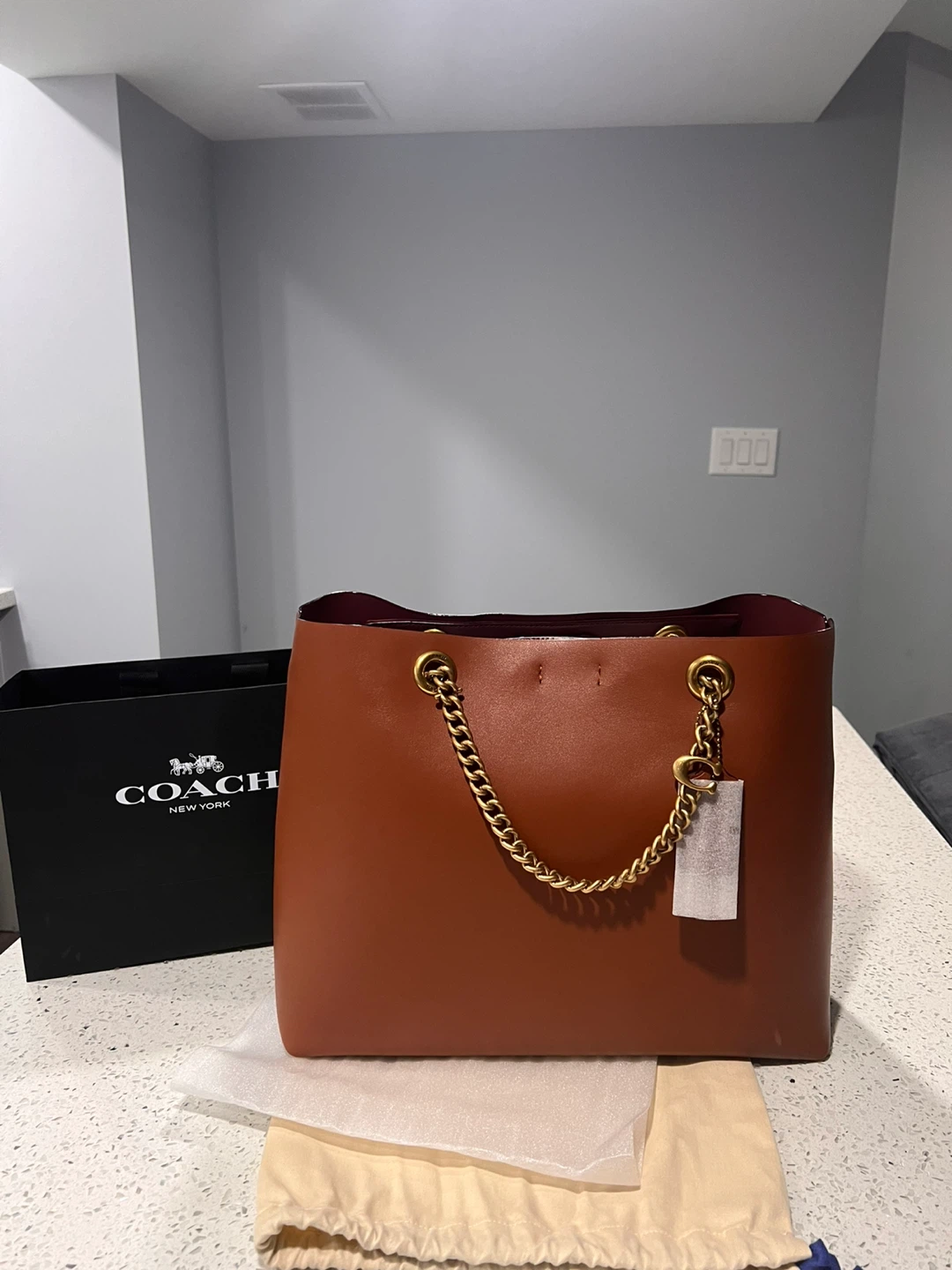 Coach Brown Leather Tote Bag with Gold Chain - photo 3