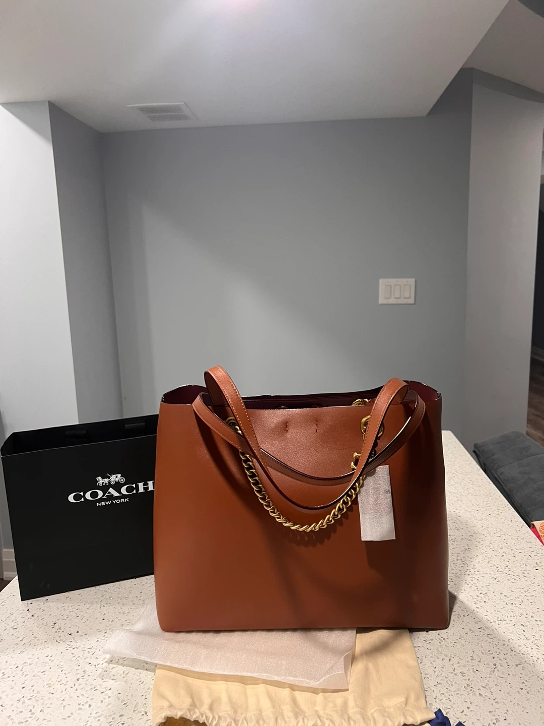 Coach Brown Leather Tote Bag with Gold Chain - photo 2
