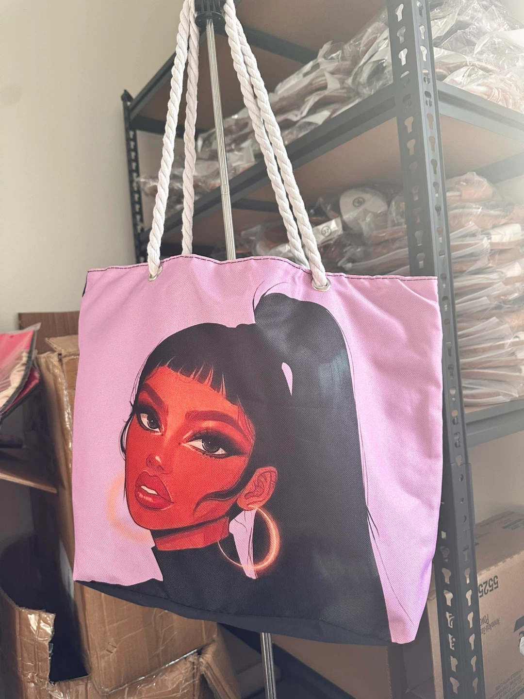 Pink Tote Bag with Illustrated Woman Graphic - photo 2