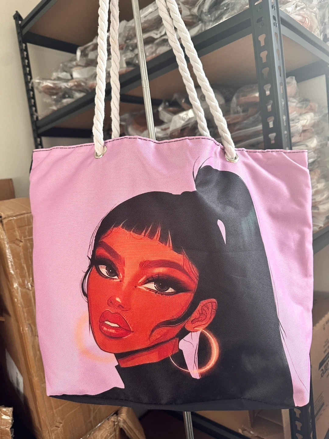 Pink Tote Bag with Illustrated Woman Graphic
