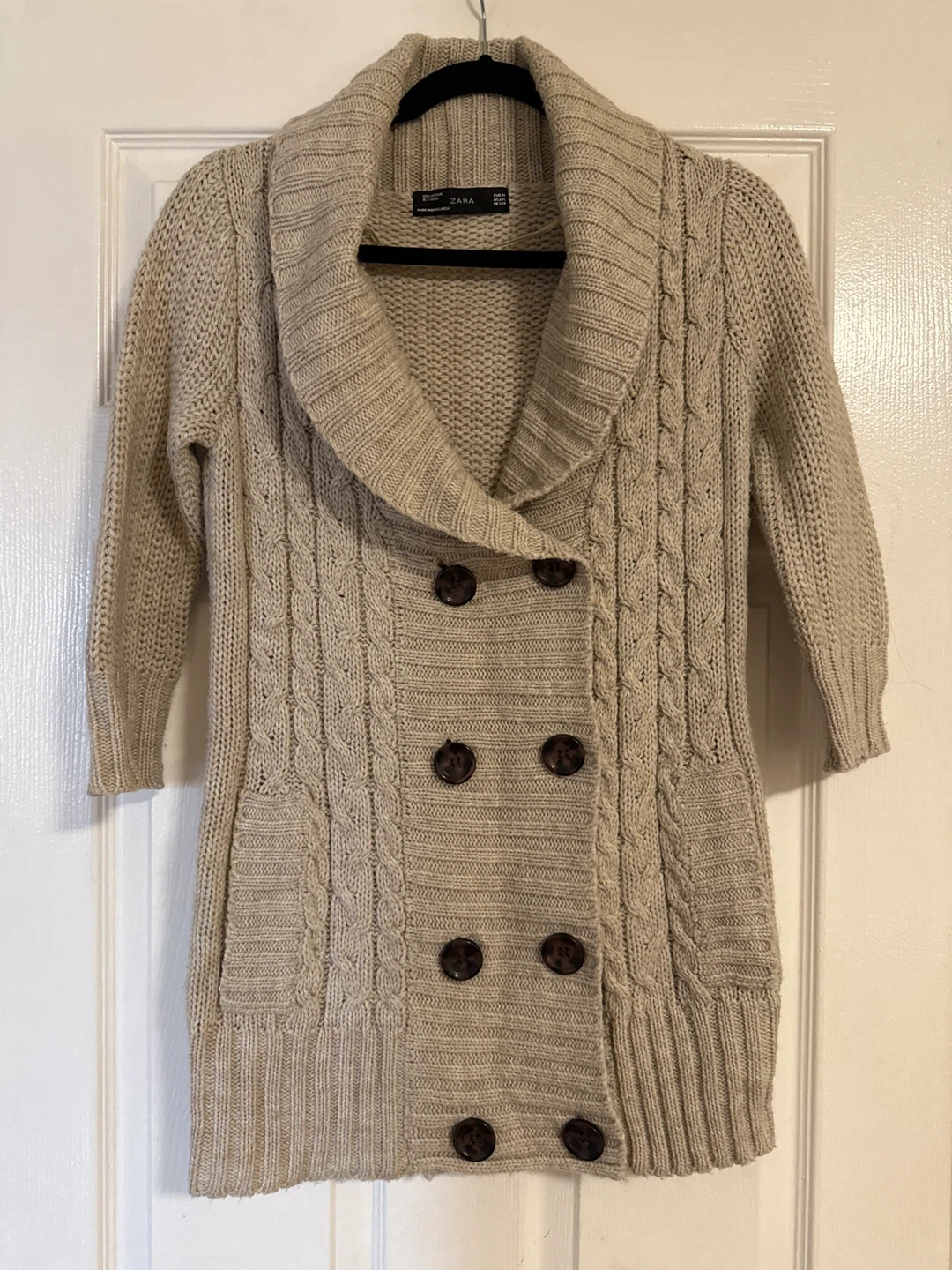 Zara Women's Beige Cable Knit Cardigan Sweater - Size Medium