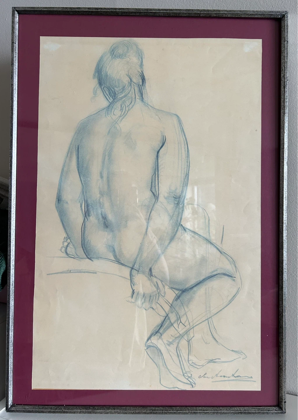 Large Framed Sketch of Seated Woman