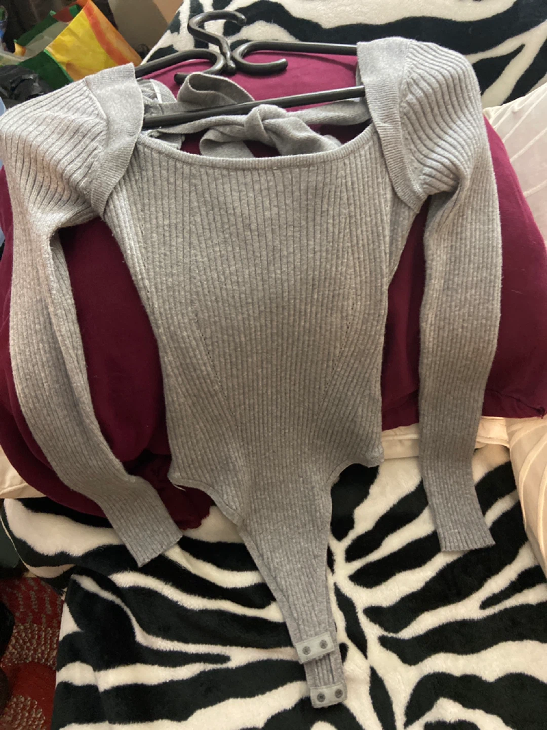 Grey Ribbed Long Sleeve Bodysuit