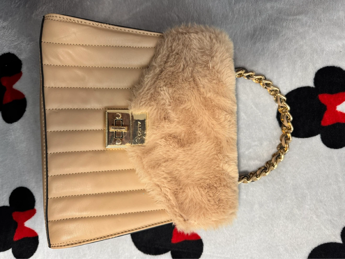 ALDO Beige Quilted Faux Fur Top Handle Bag
