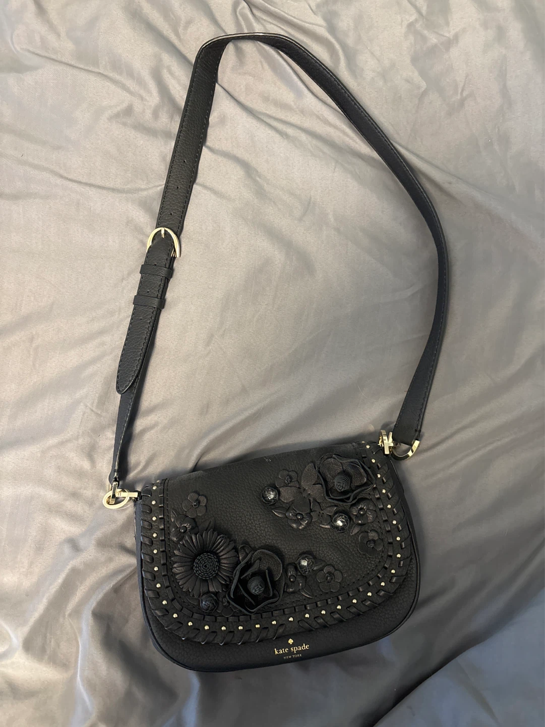 Kate Spade Black Leather Floral Crossbody Bag