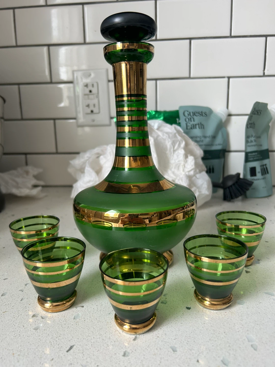 Green Glass Decanter and 5 Shot Glasses Set with Gold Trim
