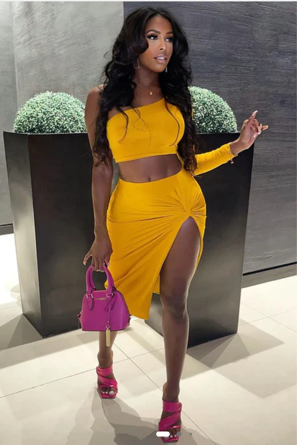 Yellow One Shoulder Crop Top & High Slit Skirt Set - photo 2