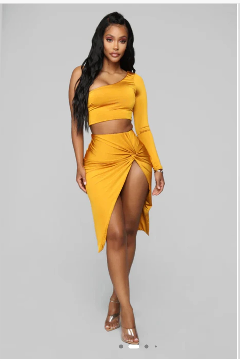 Yellow One Shoulder Crop Top & High Slit Skirt Set