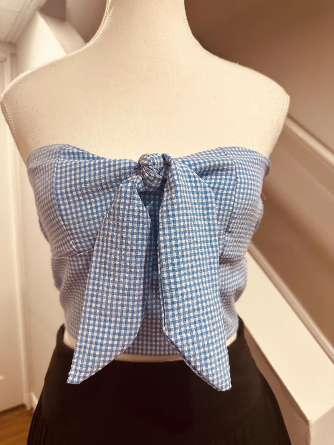 Blue Gingham Bow Front Crop Top