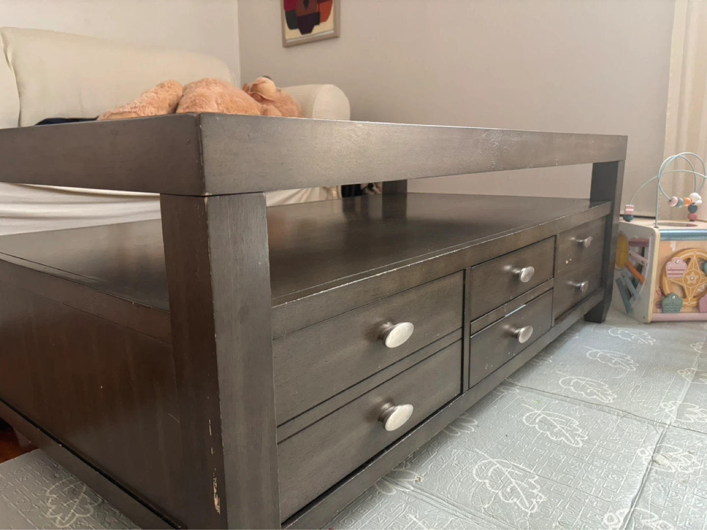 Dark Wood Coffee Table with Glass Top and Drawers