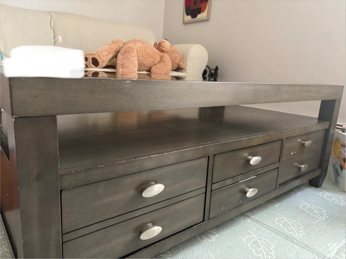 Dark Wood Coffee Table with Glass Top and Drawers - photo 2