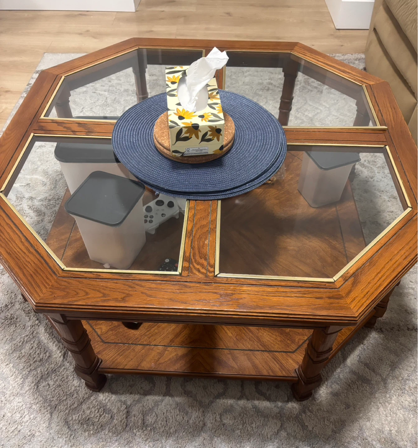 Octagonal Wood and Glass Coffee Table